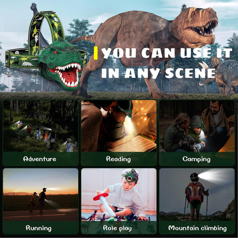Dysaim Kids Headlamp,Rechargeable T-Rex Dinosaur Headlamp for Kids and LED Head Lamp Camping Gear Flashlight,Hiking Accessories Headlight Toys,Fou...