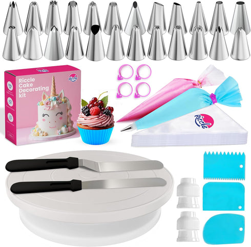 Riccle 94 pcs Cake Decorating Kit with Cake Turntable - Includes 50pcs 16 Inch Disposable + 2 Reusable Piping Bags and Tips Set, 24 Icing Piping T...