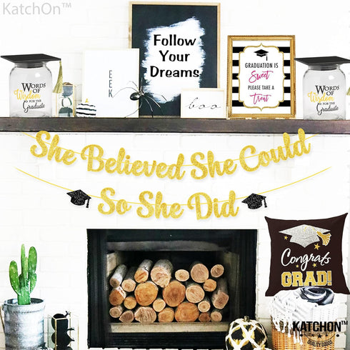 KatchOn, She Believed She Could So She Did Banner - Glitter 10 Feet, No DIY | Gold and Black You Did It Banner, Graduation Decorations 2025 | Medi...