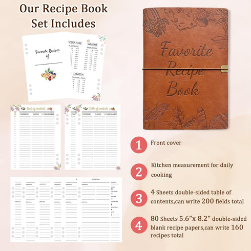 Blank Recipe Book To Write In Your Own Recipes,5.6 X 8.2 Recipe Ring Binder with PU Leather Cover,Recipe Journal with 160 Recipes (brown)...