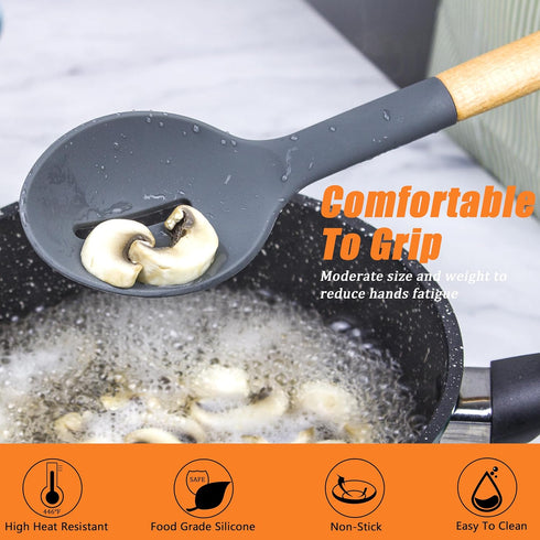 Silicone Cooking Spoons Set of 3, Nonstick Kitchen Solid Slotted Spoon Pasta Server for Cookware Serving Stirring, Heat Resistant Kitchen Utensils...