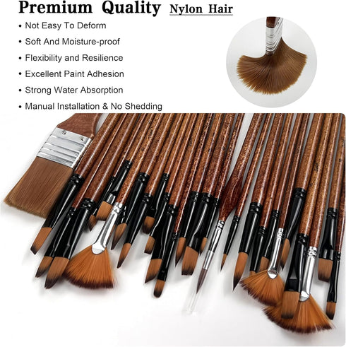 Bougimal 32 Pieces Paint Brush Set, Artist Upgrade Series, Nylon Bristles with Round, Filbert, Flat, Fan, Angle, Fine Detail Brush, Suitable for A...