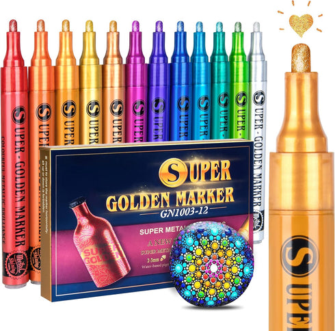 Super Golden Metallic Paint Markers, 12 Colors Sparkle Metallic Glitter Markers, Acrylic Paint Pens for Rock Painting, Glass, Wood, Fabric, Black ...