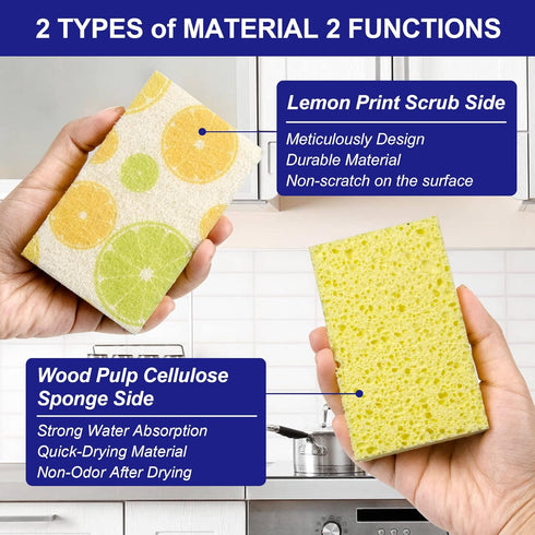 CELOX 6 Pack Lemon Printed Dual Sided Scrub Dish Sponges, Non Scratch Sponge for Kitchen Cleaning, 4.5" x 2.8" x 0.8"...