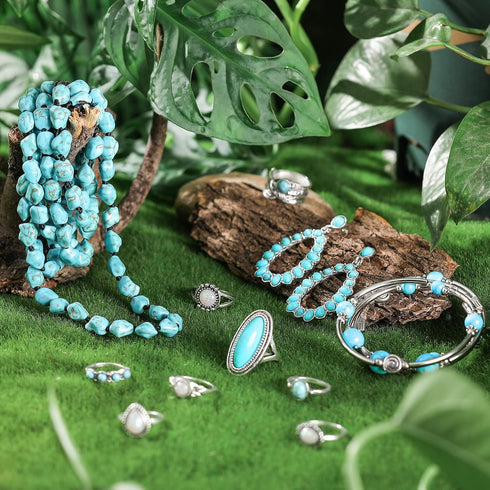 Janmercy 11 Pcs Bohemian Turquoise Jewelry Set Western Jewelry for Women Turquoise Necklace Turquoise Bracelet Earrings and Rings...