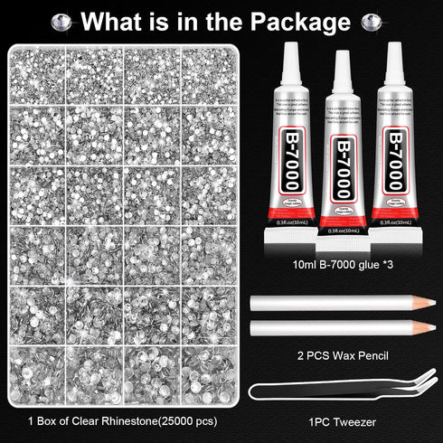 Cludoo 25000Pcs Silver Clear Rhinestones with b7000 Rhinestones Glue for Crafts, Flatback Gems Crystal Rhinestones Kit with Tweezer Picker Pens fo...