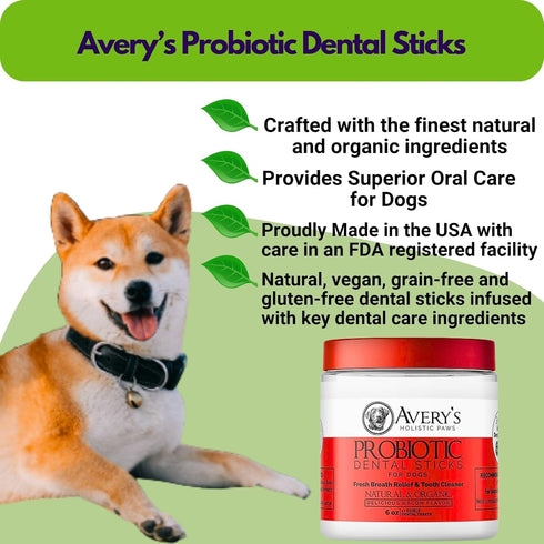 Avery's Holistic Paws Probiotic Dental Stick Treats for Dogs - 23 Peanut Butter Edible Dog Chews, 3 Inches Each - Natural & Organic Dog Chew Stick...