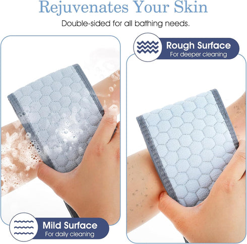 Double-Sided Back Scrub, 37.4 Inch Exfoliating Back Scrubber with Handles Washcloth for Shower Blue Exfoliator Body Scrub Towel Exfoliator Bath To...