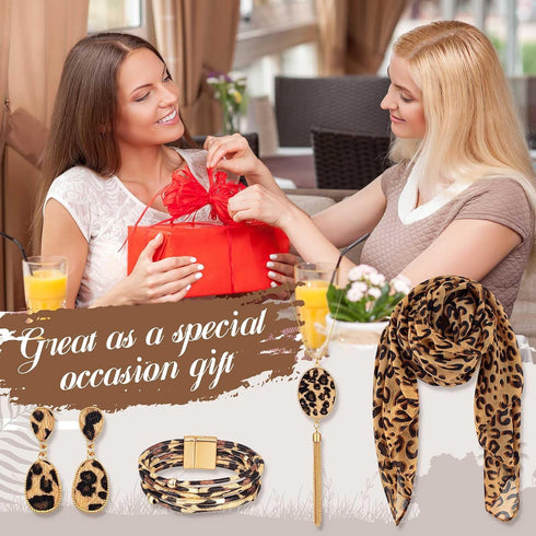 4 Pcs Leopard Print Scarf and Jewelry Set Women Cheetah Wrap Shawl Dangle Earrings Leather Necklace Multilayer Bracelet Bohemia Leopard Print Acce...