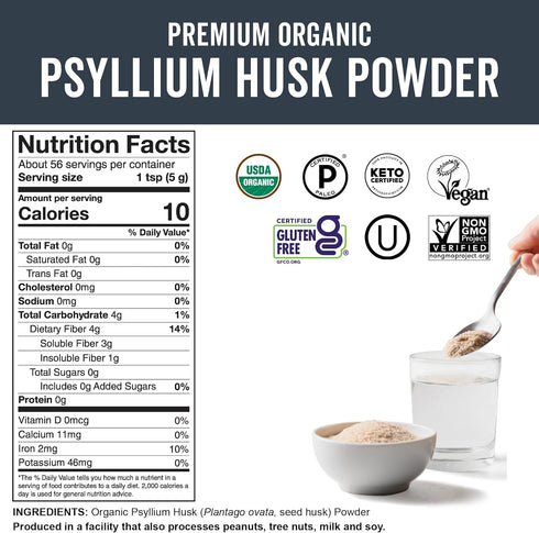 Viva Naturals Organic Psyllium Husk Powder, 10 oz - Finely Ground, Unflavored Plant Based Superfood - Good Source of Fiber for Gluten-Free Baking,...