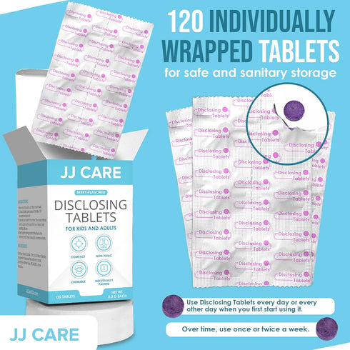 JJ Care Disclosing Tablets for Kids - 120 Count Plaque Disclosing Tablets, Berry Flavored Dental Plaque Tablets for Kids and Adults, Individually ...