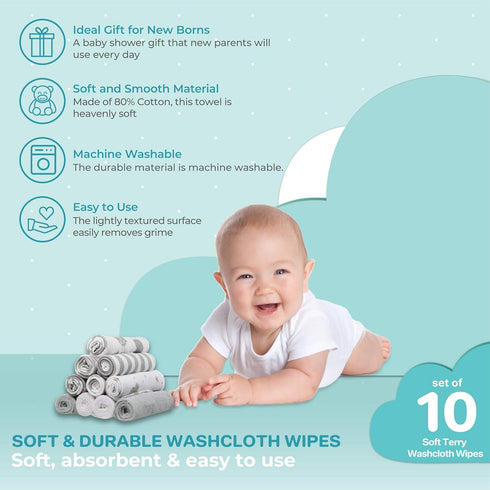 Spasilk Washcloth Wipes Set for Newborn Boys and Girls, Soft Terry Washcloth Set, Pack of 10, Gray Celestial...