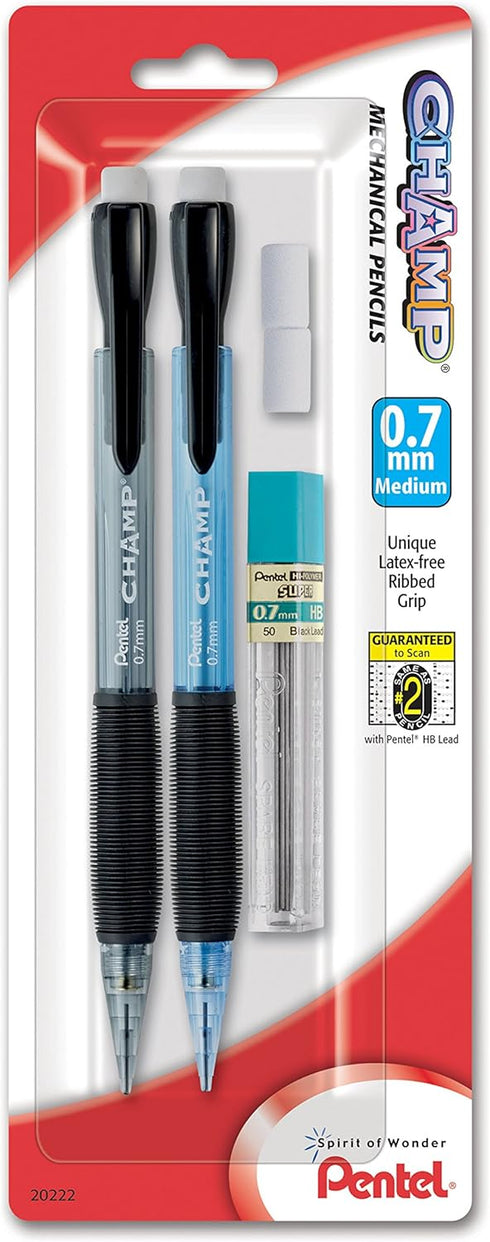 Pentel Champ Automatic Pencil with Lead and 2 Erasers, 0.7mm, Assorted Barrels, 2 Pack (AL17LEBP2)...