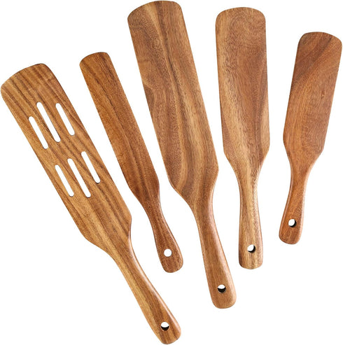Wooden Spurtles Set for Cooking, 5 Pcs Natural Teak Wood Slotted Spurtles for Stirring, Mixing, Serving, Non-Stick Heat-Resistant Kitchen Utensils...