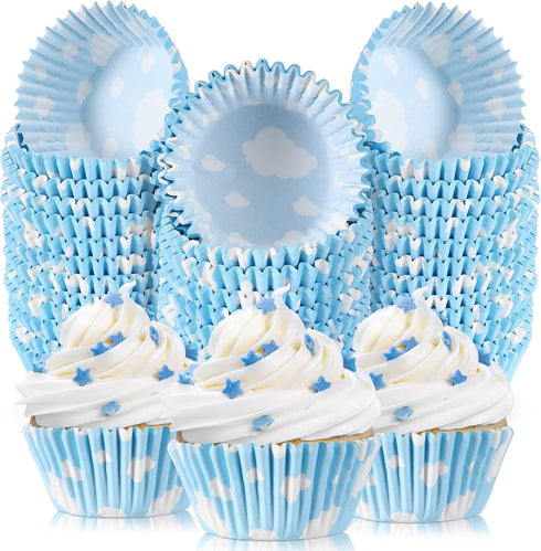 300 count Cloud Blue Cupcake Liners White Light Blue Cupcake Wrappers Paper Blue Muffin Cups Birthday Theme Party Baking Cups Baby Shower Decor Co...