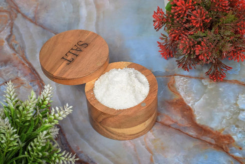 Acacia Wood Round Condiment Pot with Magnetic Swivel Lids for Kitchen Countertop "Salt" Engraved on Lid (3.5” x 3.5” x 2.5”)...