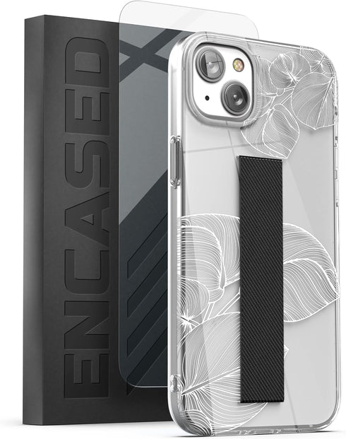 ENCASED Finger Loop Case Designed for iPhone 14 with Strap Grip and Screen Protector (Clear/White Lace Leaf)...