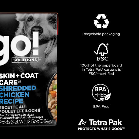 GO! SOLUTIONS Skin + Coat Care Wet Dog Food - Shredded Chicken Recipe with Grains - Complete & Balanced Nutrition for All Life Stages, 12.5 oz...
