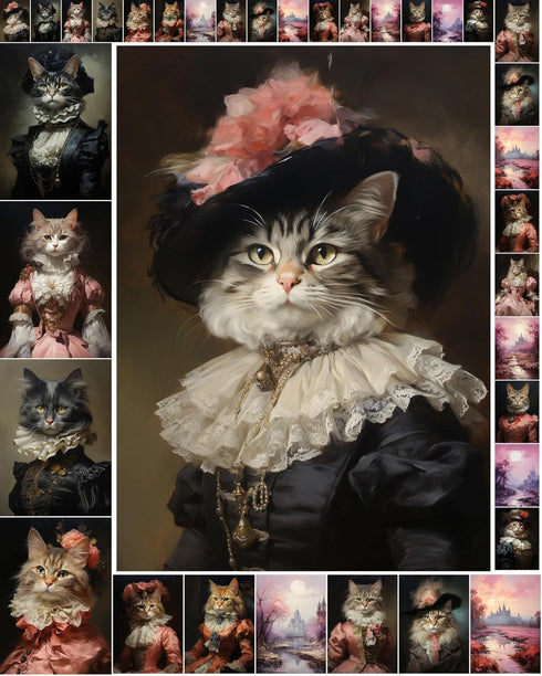 Decoupage Paper Pack (35 Sheets 6"x8") Funny Fancy Cats Wearing Victorian Era Dresses in Pink Castles FLONZ Vintage Illustration Pictures Cards fo...