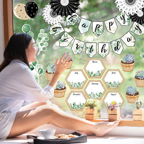 Whaline 49 Pieces Eucalyptus Bulletin Board Set Happy Birthday Banner Simply Boho Bulletin Board Decor Boho Greenery Calendar Cutout Decorations f...