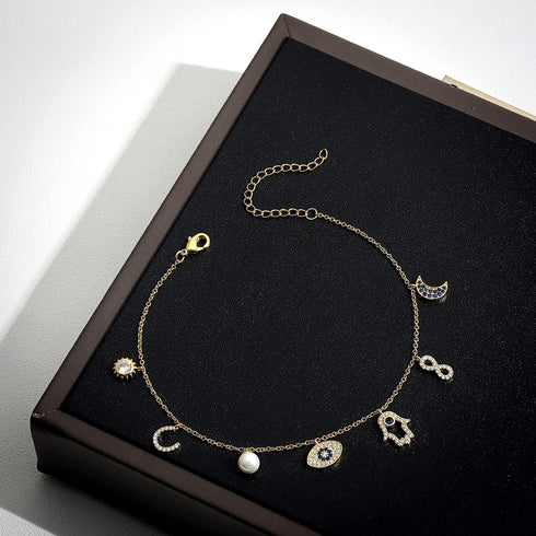 SLOONG Evil Eye Bracelet Anklet Hamsa Hand Bracelet 14K Gold Plated Dainty Bracelet Anklet White Blue Cz Pendant Bracelet Anklet for Women, Adjust...