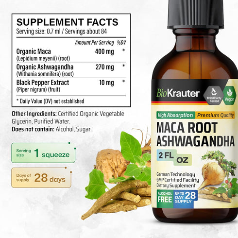 Maca Root and Ashwagandha Tincture - Organic Maca & Ashwagandha Supplements for Men & Women - Adaptogenic Liquid Supplement for Mood Support - Alc...