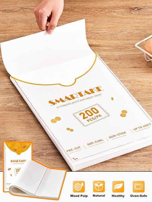 SMARTAKE 200 Pcs Parchment Paper Baking Sheets, 9x13 Inch Non-Stick Precut Baking Parchment, Suitable for Baking Grilling Air Fryer Steaming Bread...