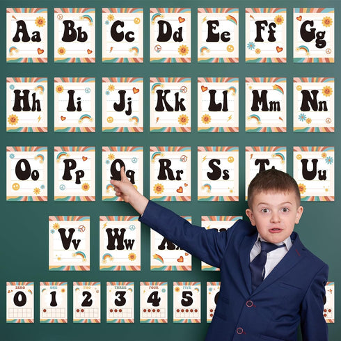 36Pcs Retro Classroom Alphabet Number Bulletin Board Set, Groovy ABC Alphabet Card and 0-9 Number Posters Decor with Glue Point for Preschool Kind...
