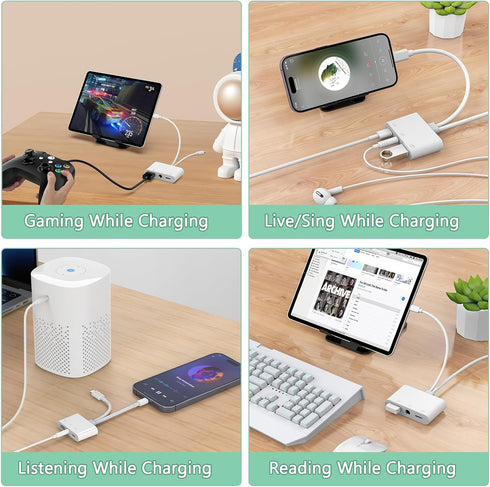 Lightning + USB C to Aux Audio Headphone Jack Adapter,Multi USB OTG Camera Adapter+3.5mm Earphone Jack+Type-C Earphone/Charge Port,Phone Splitter ...