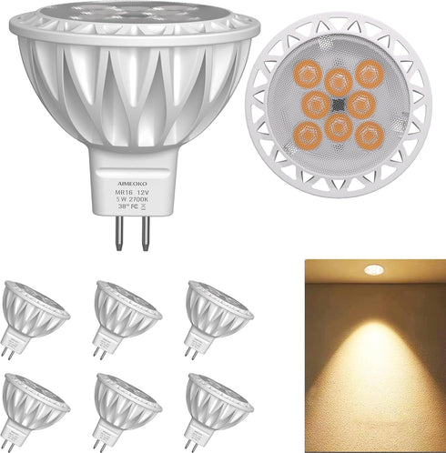 MR16 LED Bulb Light Bulbs 6 Pack, 5W (50W Halogen Equivalent) 2700K Warm White GU5.3 Base 12V Spotlight Non-Dimmable 38 Deg 450Lm for Landscape Re...