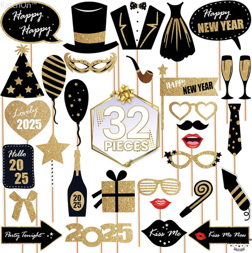 KatchOn, Glitter New Years Photo Booth Props 2025 - Pack of 32 | New Years Eve Photo Booth Props 2025, Happy New Years Decorations 2025 | New Year...