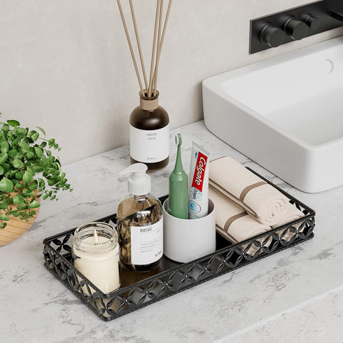 EKNITEY Vanity Tray for Bathroom Counter - Small Rectangle Decorative Tray 11 Inch Black Batroom Countertop Tray Organizer for Perfume Makeup Cosm...