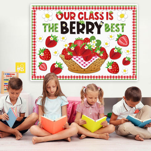 85 Pcs Fruit Bulletin Board Set Strawberry Classroom Decorations 3D Strawberry Honeycomb Balls Flower Berry Cutouts for Summer Holiday Back to Sch...