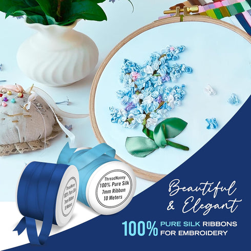 New 7mm Size ThreadNanny 6 Spools of 100% Pure Silk Ribbons - Blue Tones - 60 Meters x 7mm...