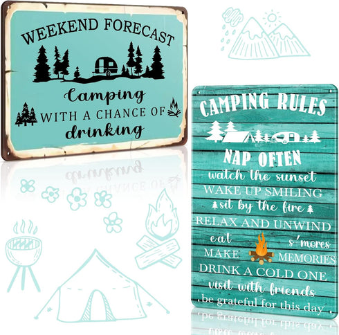 Moxweyeni 2 Pcs Camping Decor for Camper Camping Rule Sign Rustic Funny Camping Rules Metal Tin Sign Camper Decorations for Inside Outside Wall Ar...