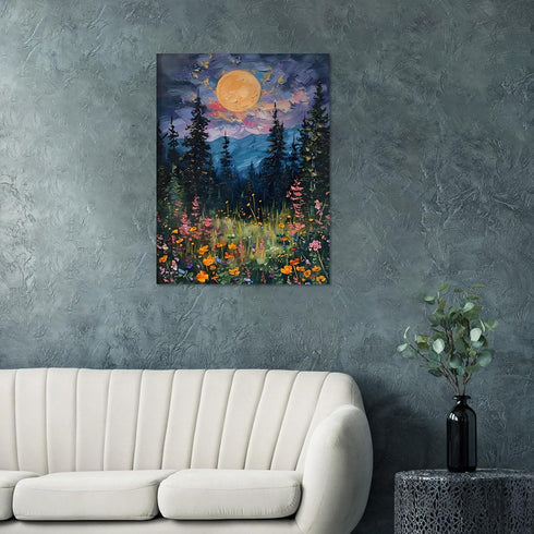 Generic Moon above the wildflowers and woodland art print poster full moon above nature oil painting Dark Forest Landscape Pictures for Farmhouse ...