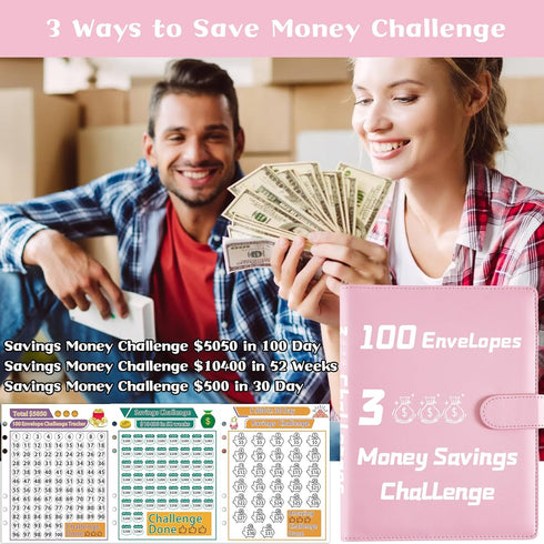 100 Envelopes Money Saving Challenge, 100 Envelope Challenge Binder with 3 Ways Challenge Tracker, A5 Budget Savings Book Binder with Cash Envelop...