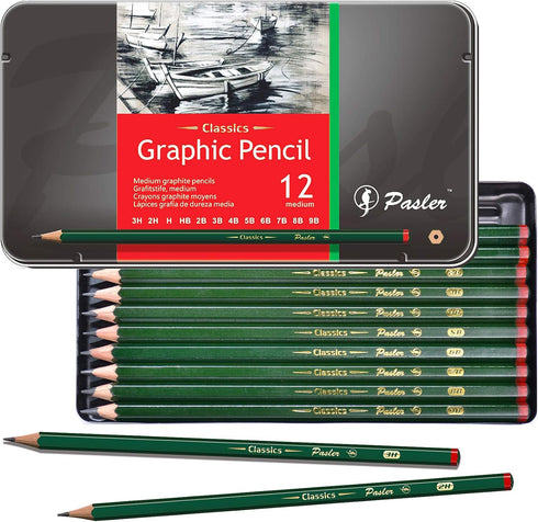 Pasler sketch graphite pencil set spanning 12 degrees (3H, 2H, H, HB, 2B, 3B, 4B, 5B, 6B, 7B, 8B, 9B) pre-sharpened pencils...