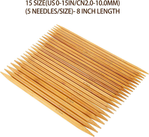 RELIAN Double Pointed , 75 Pcs Bamboo Knitting Needles Set, 15 Sizes from 2.0mm-10.0mm(8 Inches Length)+ 4Pcs Knitting Needles Point Protectors...