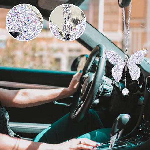 Bling Butterfly Car Accessories for Women, Diamond Car Rear View Mirror Ornament Pendant, Valentine's Day Gift, Crystal Car Hanging Decoration, Cu...