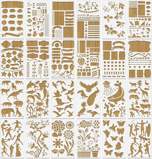 24 Pieces Mixed Shapes Drawing Journal Stencils Kit,Animal Flowers Scale Painting Templates for DIY Schedule Wall Art Design,Reusable Plastic Pain...