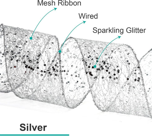 CT CRAFT LLC Sparkling Glitter Mesh Wired Ribbon 2.5" x 10 Yards Silver for Christmas Home Decor Bow Gift Wrapping DIY Crafts Wreath...