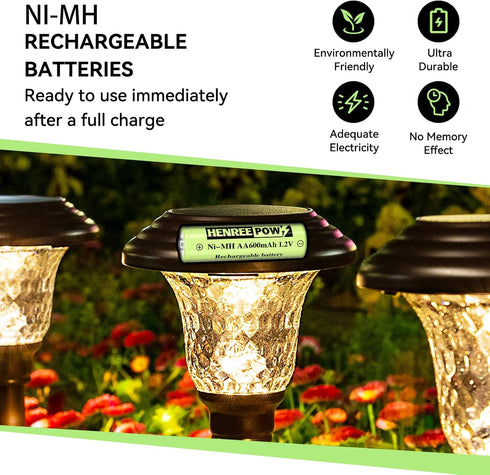 Henreepow 12-Pack Rechargeable AA Solar Batteries Ni-Mh 1.2v 600mAh Pre-Charged Double A Battery for Outdoor Solar Garden Landscape Lights...