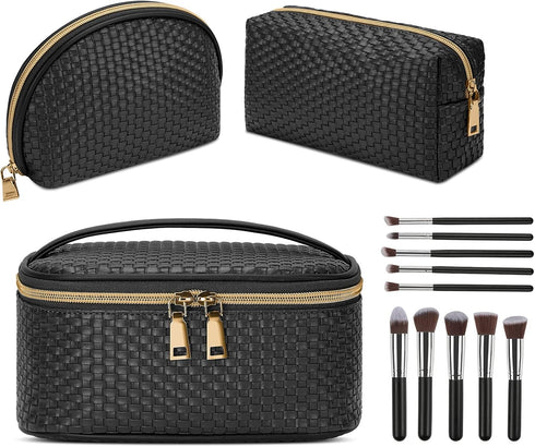 KTMOUW Makeup Bag 3 Pcs Waterproof Cosmetic Bag Set with 10 Makeup Brushes Portable Travel Cosmetic Bag Multifunction Organizer Storage Bag Weave ...