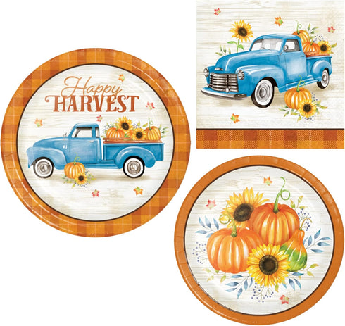 Party Creations Fall Pumpkin Harvest Party Supplies | Autumn Theme Bundle Includes Paper Plates & Napkins for 8 People | Farm Themed Harvest Truck...