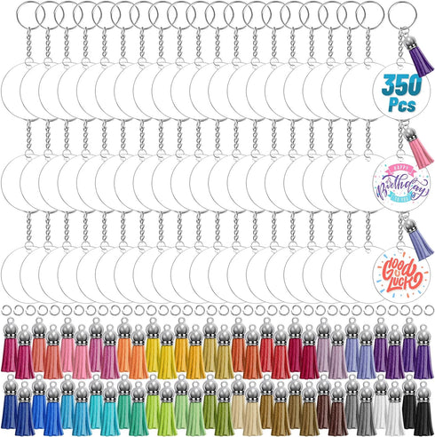 350Pcs Acrylic Keychain Blanks Cludoo Clear Acrylic Keychain Blanks for Vinyl with 60 Pcs Acrylic Blanks, 60 Pcs Keychain Tassels, 170 Pcs Jump Ri...