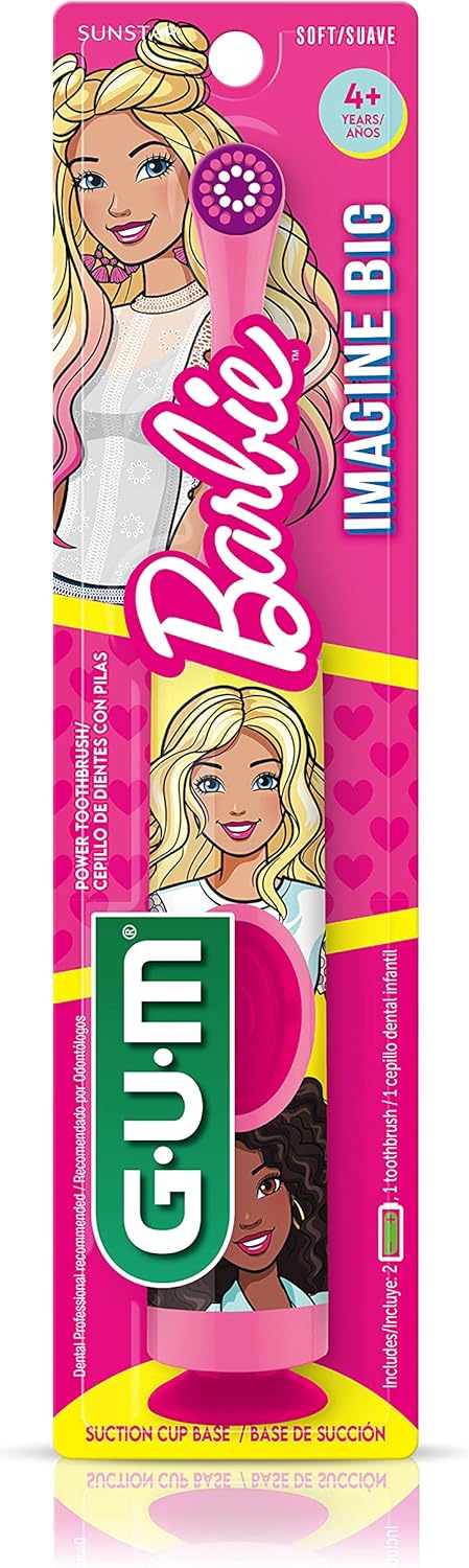 GUM Barbie Kids Battery Power Electric Toothbrush with Suction Cup Base for Home or Travel Oral Health and Dental Plaque Removal, Ages 3+, 1ct(4Pk...
