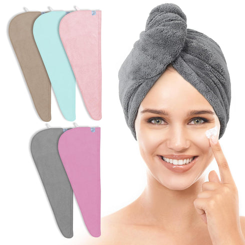 5 Pack Thicken Microfiber Hair Towel Wrap for Women - ELASTIC LOOP DESIGN - 320GSM Coral Velvet - Quick Dry Hair Turban - 11x28 Inch (Grey+Pink+Br...