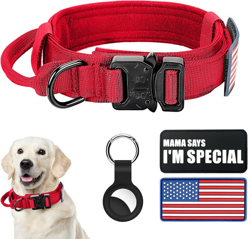 Tactical Dog Collar Military Dog Collar Adjustable Nylon Dog Collar Heavy Duty Metal Buckle with Handle for Dog Training,with Patches (Red, M)...