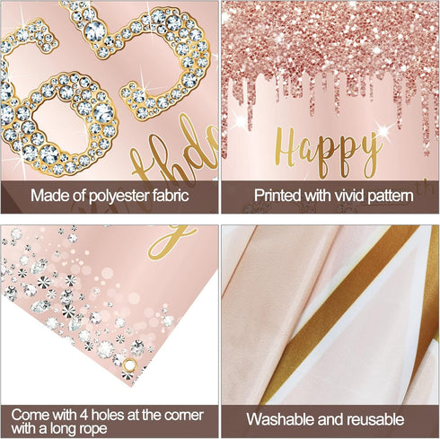 65th Birthday Decorations Door Banner for Women, Pink Rose Gold Happy 65 Birthday Backdrop Party Supplies, 65 Year Old Birthday Poster Door Cover ...